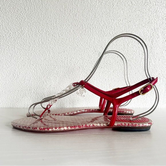 Chanel Red PVC Chain Tweed CC Thong T Strap Sandals Size EU 41